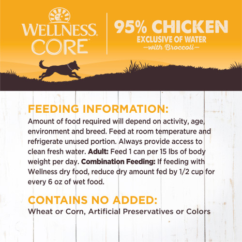 <p>“Amount of food required will depend on activity, age, environment and breed. Feed at room temperature and refrigerate unused portion. Always provide access to clean fresh water.  </p>
<p>Adult: Feed 1 can per 15 lbs of body weight per day”<br />
Combination Feeding: If feeding with Wellness dry food, reduce dry amount fed by 1/2 cup for every 6 oz of wet food.</p>
