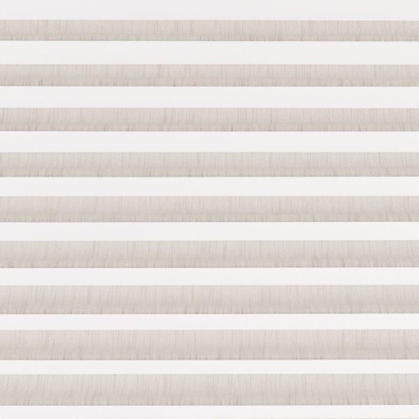 Striped zebra roller blind, full-width with alternating beige textured and white translucent horizontal bands, lowered and aligned, filtering diffuse daylight in a neutral-toned interior without any visible outside view.