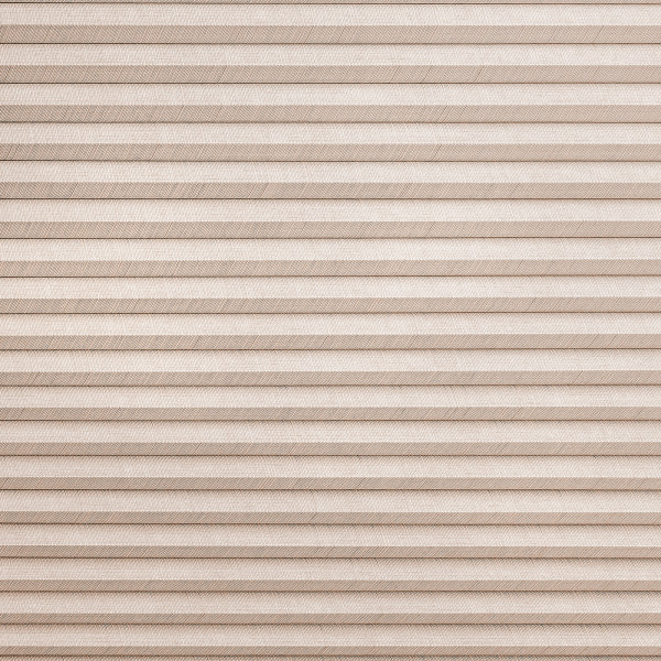Beige pleated cellular shades covering a window, fully lowered and closed; textured horizontal folds diffuse incoming light, creating an evenly lit, neutral interior surface.