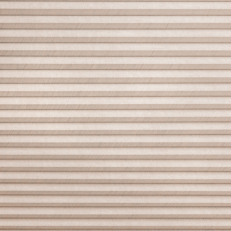 Beige pleated cellular shades covering a window, fully lowered and closed; textured horizontal folds diffuse incoming light, creating an evenly lit, neutral interior surface.