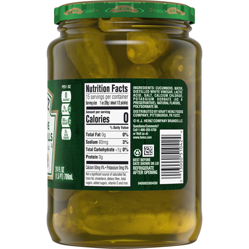  Heinz Genuine Whole Original Sour Dill Pickles, 24 fl oz Jar 