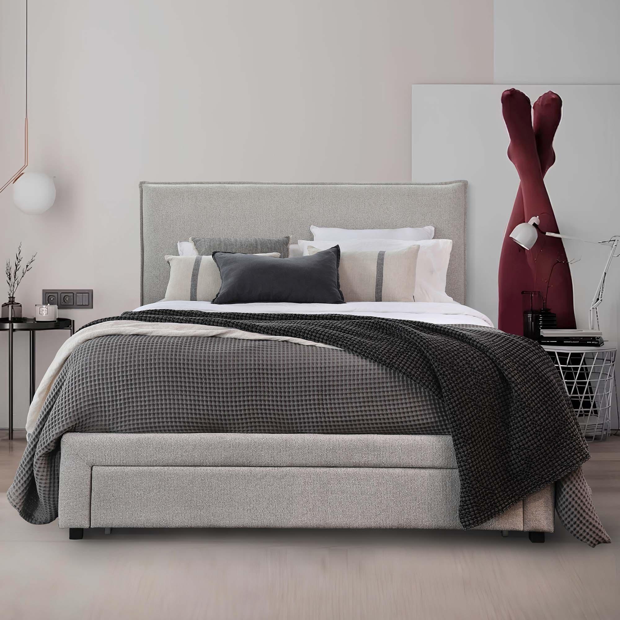Lifestyle image of the  Hotham Bed Frame, 3 Drawer Base, Mist from Forty Winks