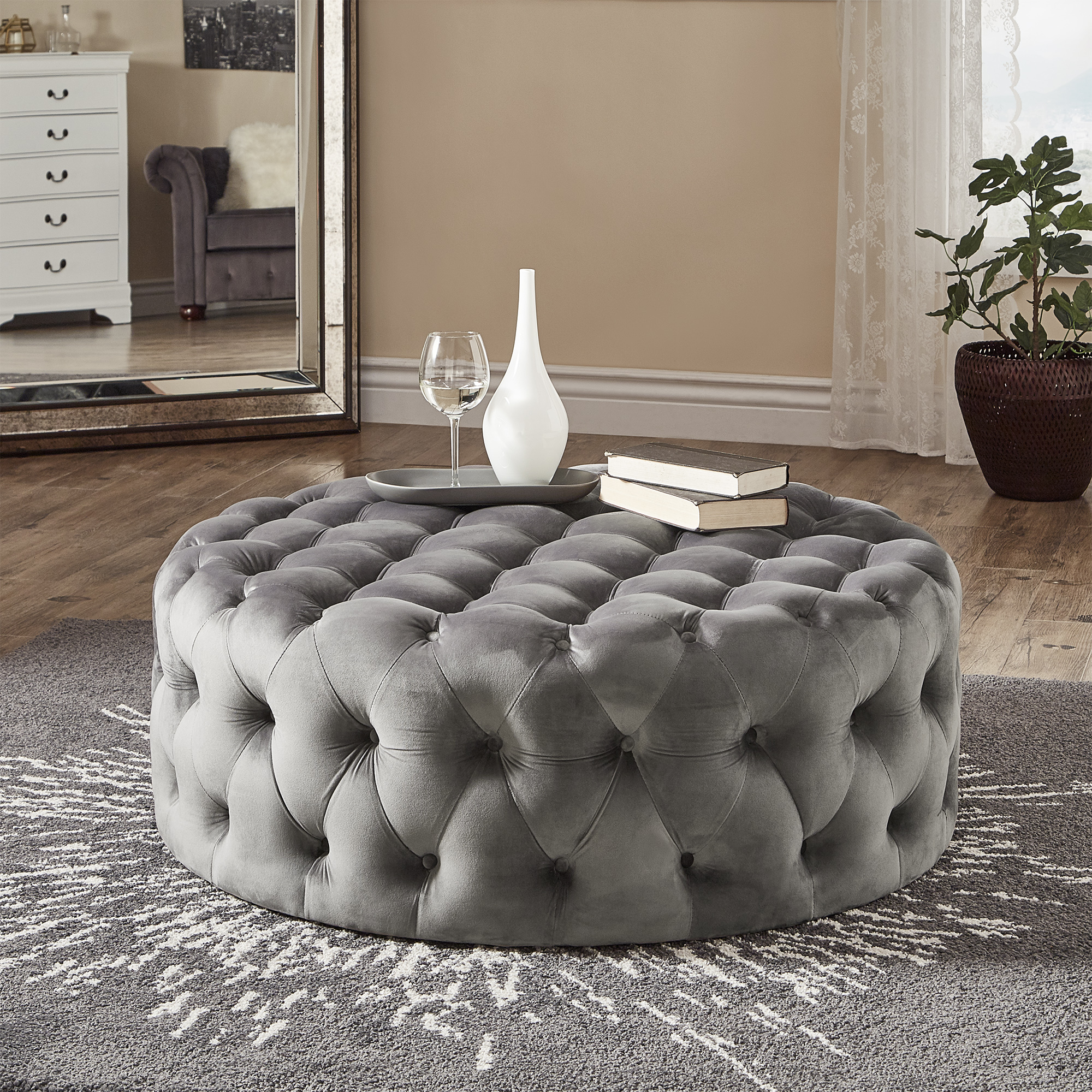 Round Tufted Ottoman with Casters