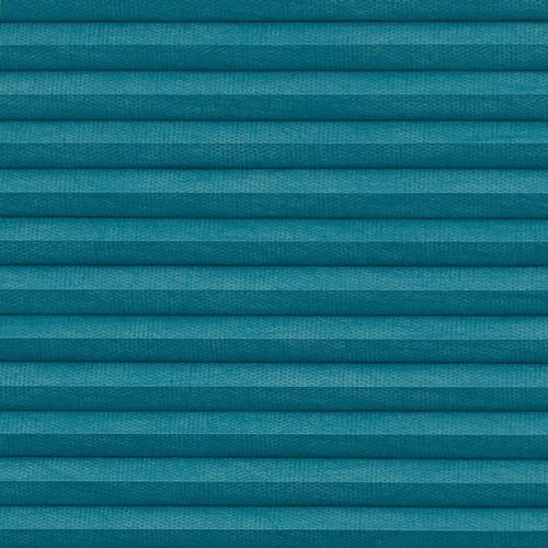 Teal pleated cellular blind, fully lowered with evenly spaced horizontal folds and subtle texture; closed and filtering light; close-up interior view of a uniform teal window covering.