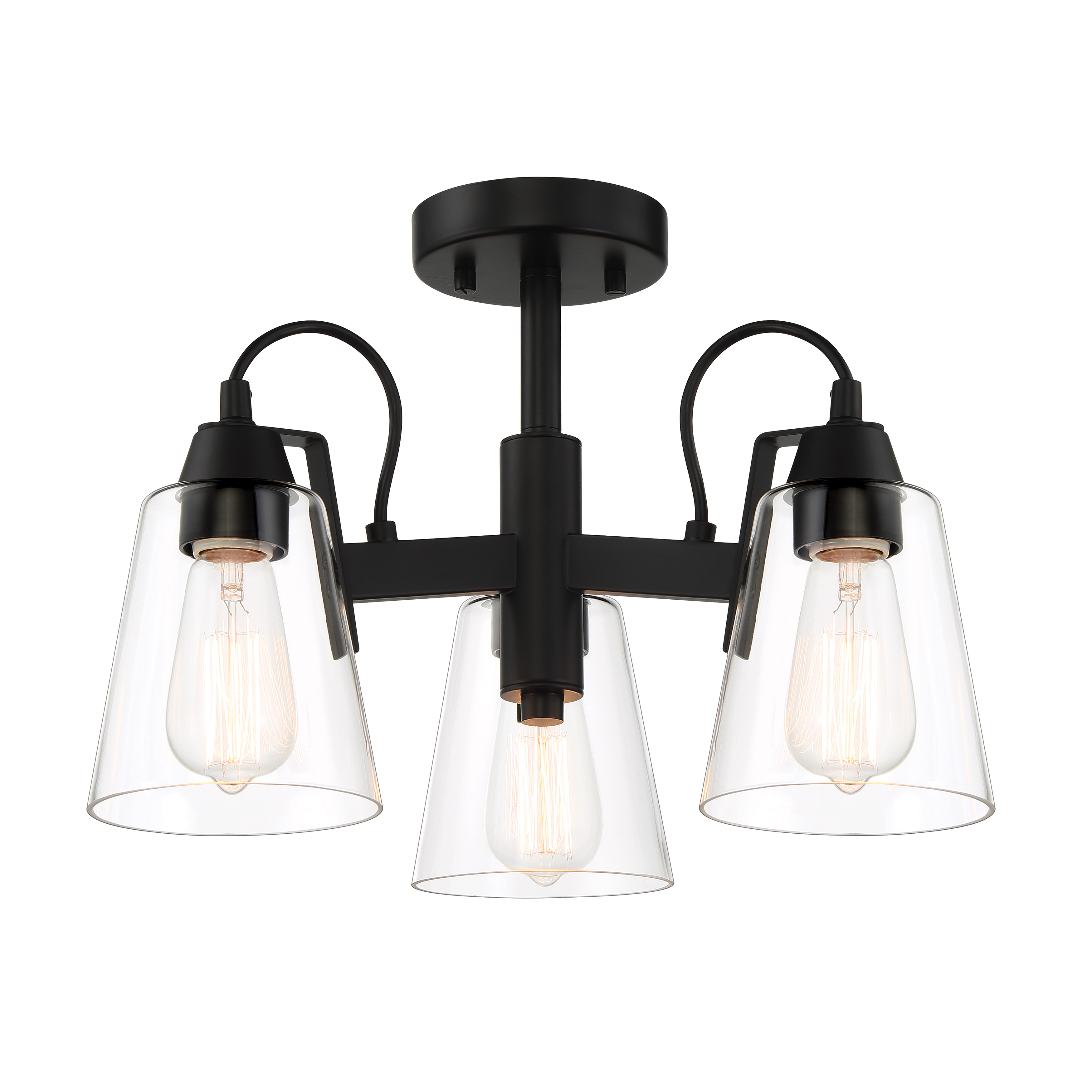The Beckonridge semi-flush mount combines transitional elegance with industrial character. Its coal black finish and clear glass shades create a sophisticated look perfect for lower ceilings and compact spaces. - alternate view
