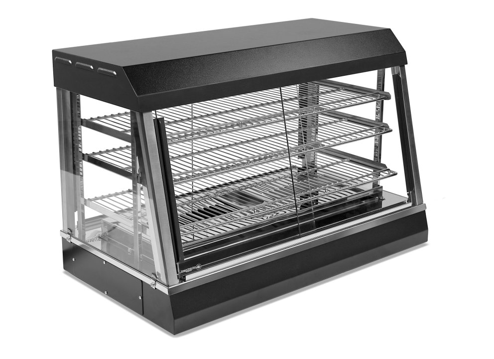 36-inch-wide 120-volt angled-front heated display case with front and rear access in black