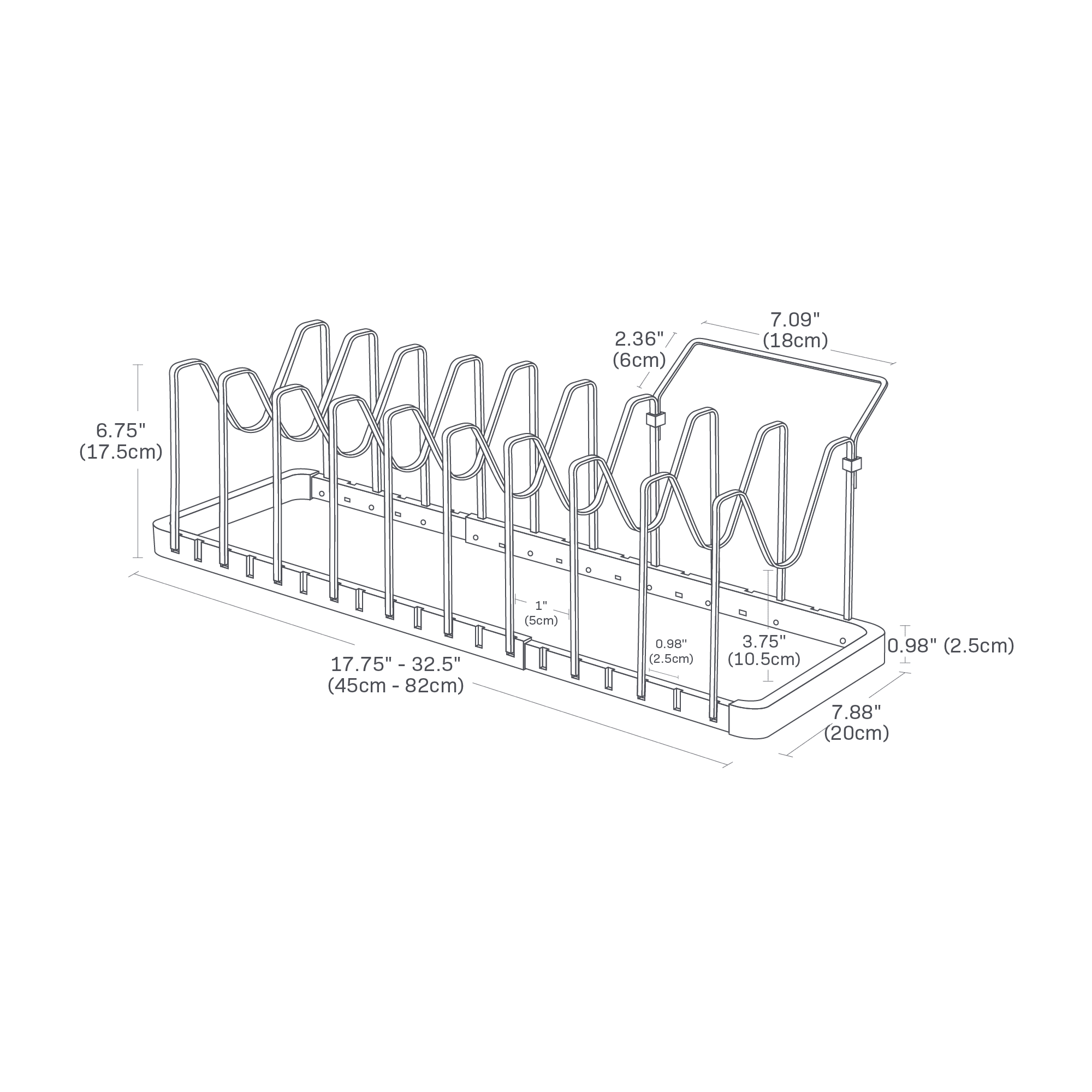 Dimension image for Adjustable Pot Lid Organizer on a white backrgound with a length of ranging from 17.75