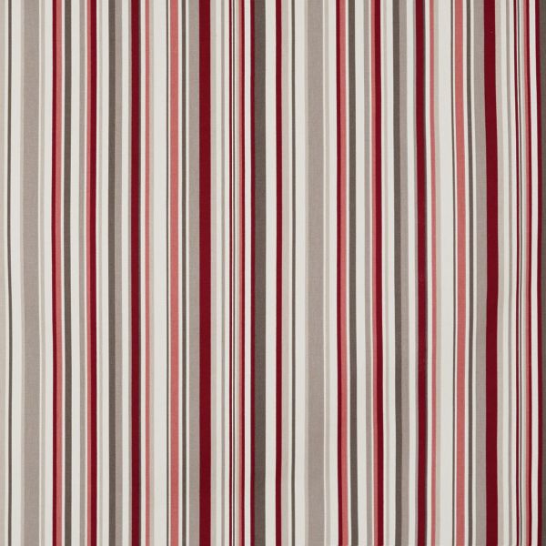 Striped fabric curtain, vertically patterned with alternating red, burgundy, pink, beige, gray and white bands; hanging closed, smoothing toward floor; fills an interior wall with even, neutral lighting.