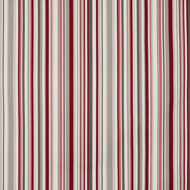 Striped fabric curtain, vertically patterned with alternating red, burgundy, pink, beige, gray and white bands; hanging closed, smoothing toward floor; fills an interior wall with even, neutral lighting.