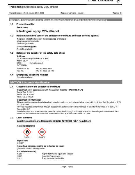 Nitroglycerin Lingual Spray 400mcg Bottle 60 Sprays 4.9gm/Bottle