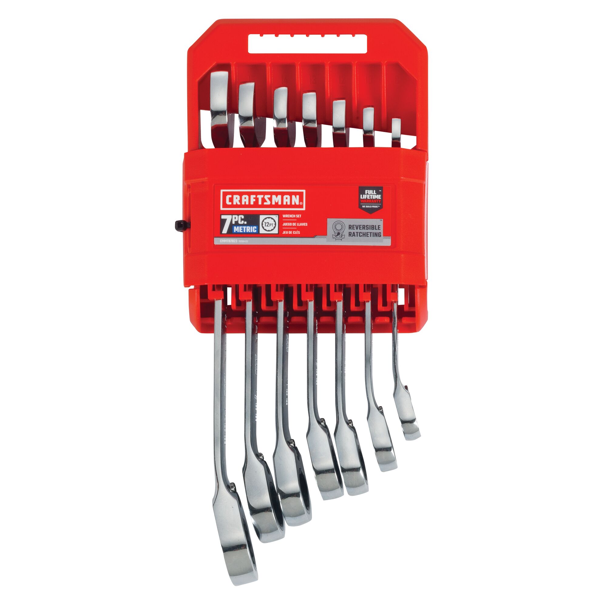 7 piece metric reversible ratcheting wrench set in packaging.