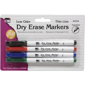 Dry Erase Markers, Thin Line Style, Assorted Colors, Pack of 4