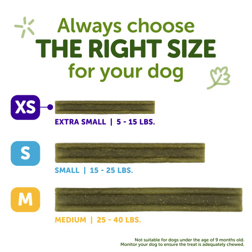 <p>Feeding Guidelines: One chew per day. Always provide access to fresh water. For dogs older than 9 months of age.<br />
Caution: Monitor while using to ensure adequate chewing. Always choose the right size chew for your dog. Swallowing without adequately chewing could cause choking or serious harm.</p>
