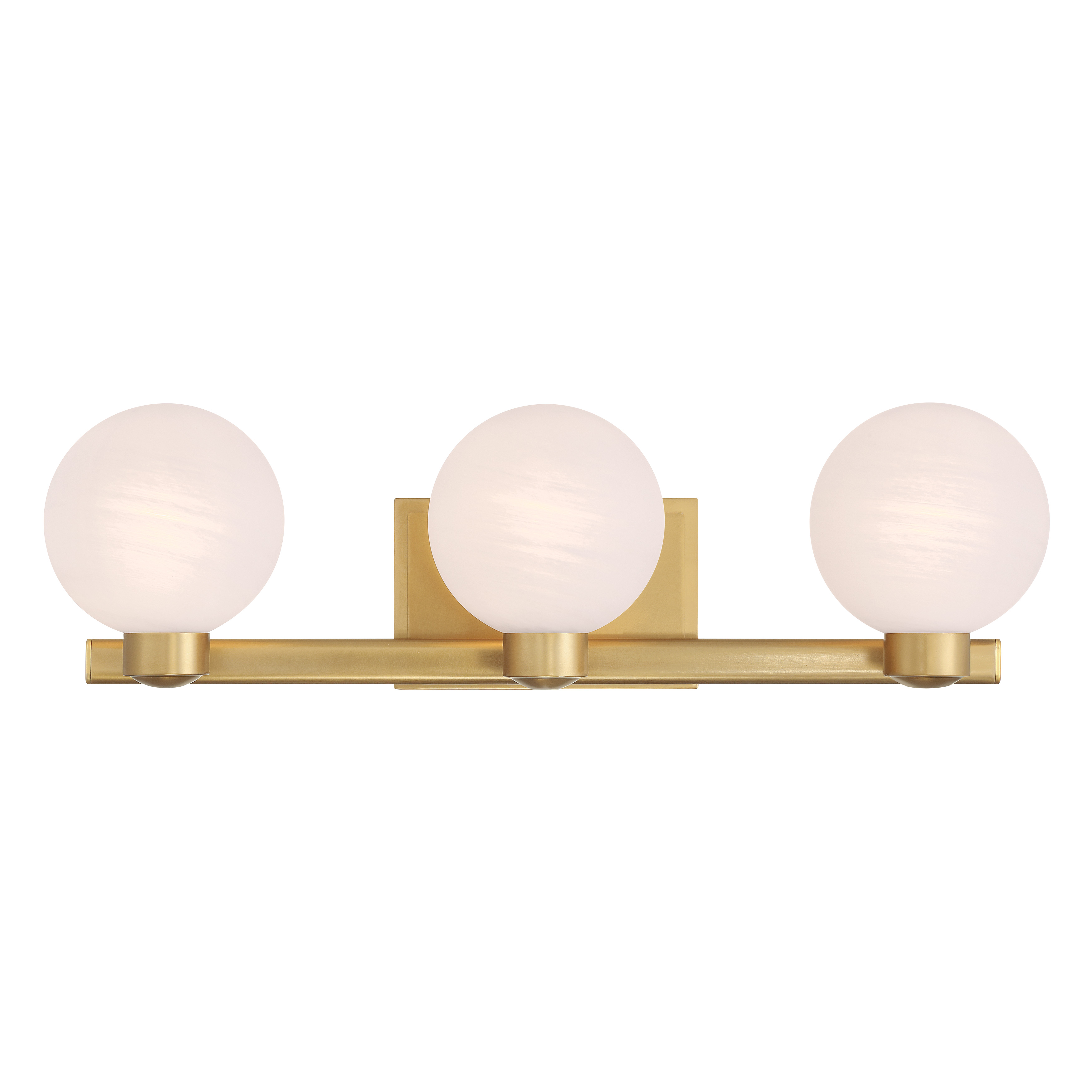 The Mooncrest 25" vanity light combines classic brass elegance with soft etched alabaster glass shades. Perfect for medium-sized bathrooms, this 3-light fixture provides ample illumination while adding sophisticated warmth. - alternate view