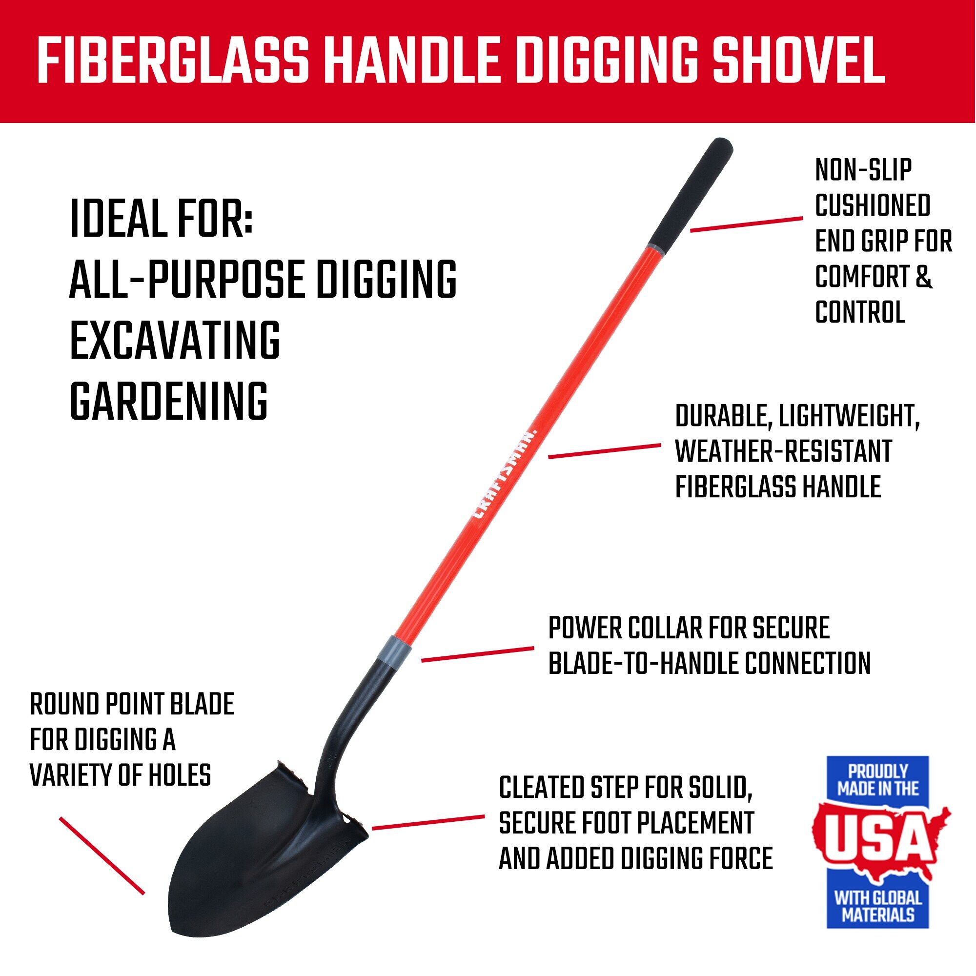 Graphic of CRAFTSMAN Shovels highlighting product features
