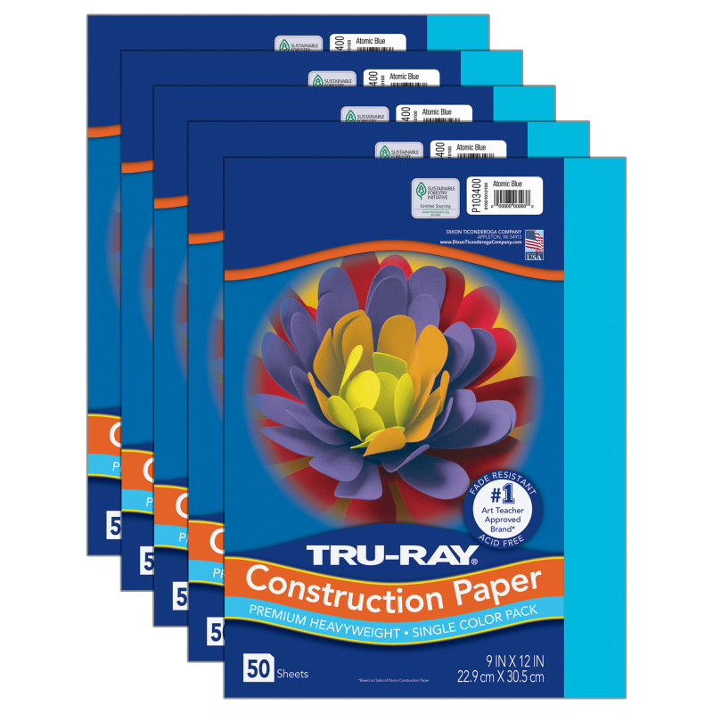 Construction Paper, Heavyweight, Atomic Blue, 9" x 12", 50 Sheets Per Pack, 5 Packs