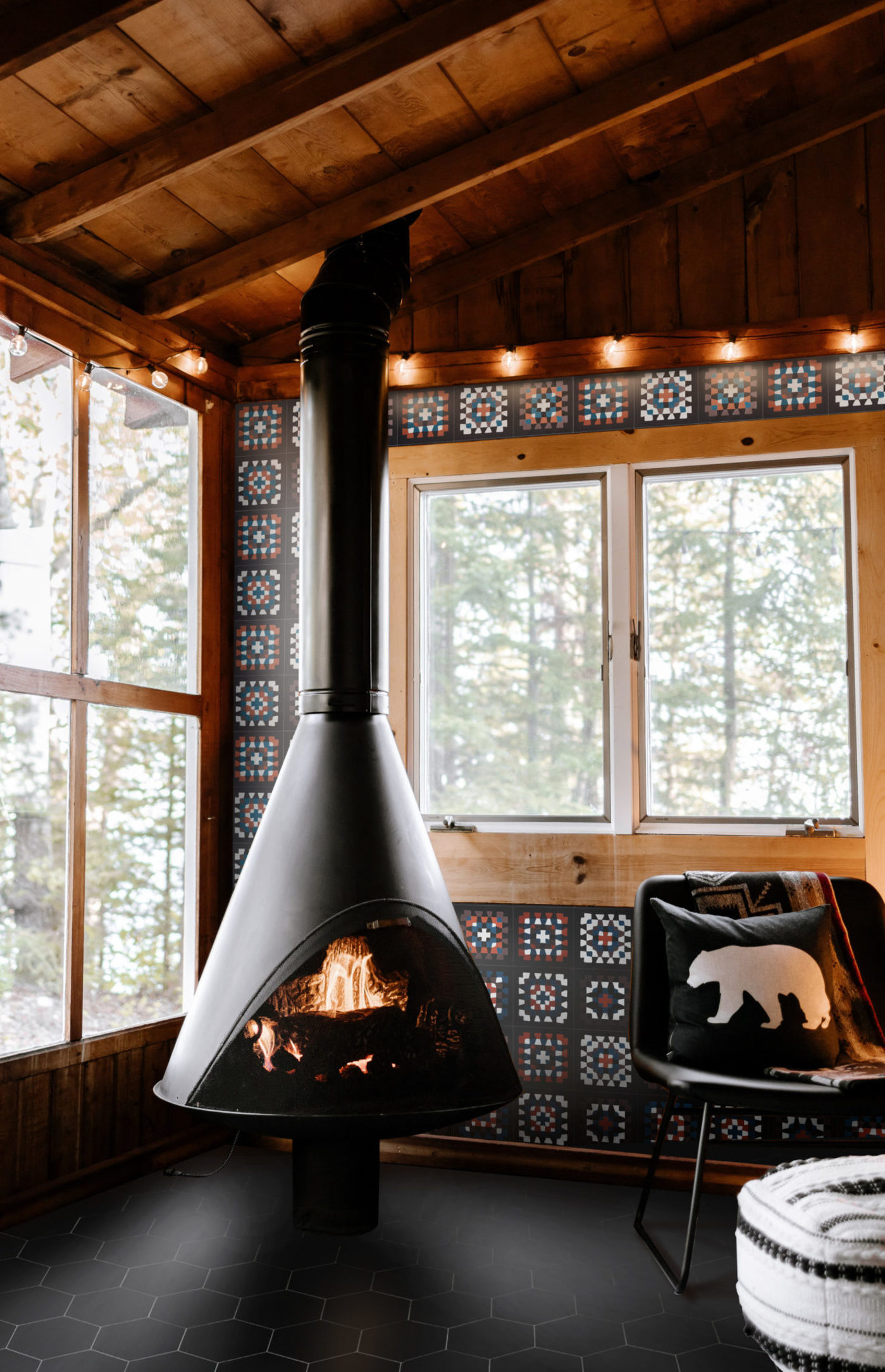 a living room with a fireplace.