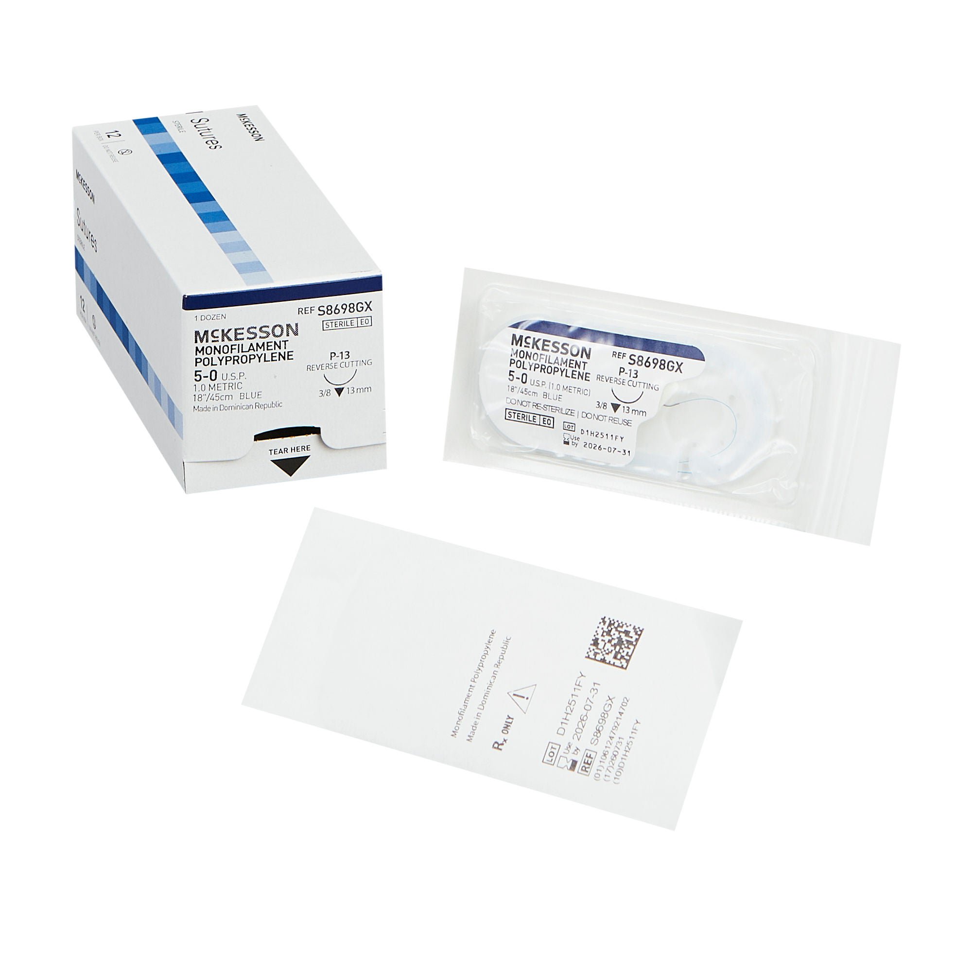 McKesson Monofilament Polypropylene Suture with P-13 Needle, Size 5-0