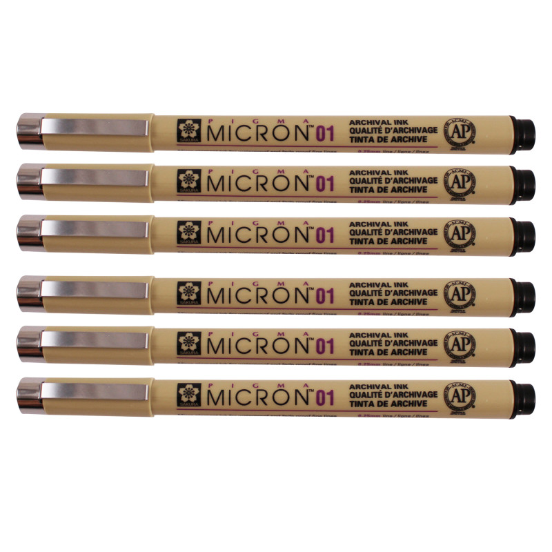 Pigma Micron Pen, Black, 0.25mm Size 01, Pack of 6