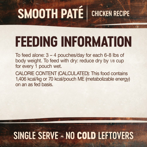 <p>To feed alone: 3 – 4 pouches/day for each 6-8 lbs of body weight. To feed with dry: reduce dry by ⅛ cup for every 1 pouch wet.</p>
