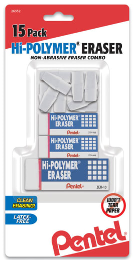 Pentel Hi-Polymer Eraser, White Mixed Pack, 15 pack