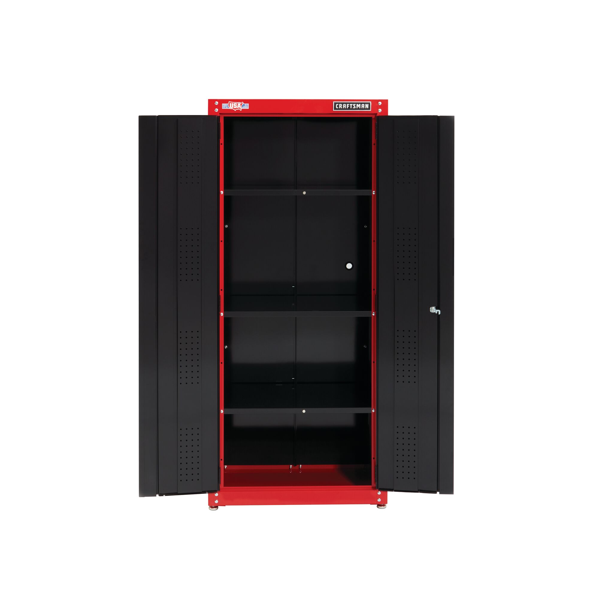 32 inch Wide freestanding tall garage storage cabinet doors opened.