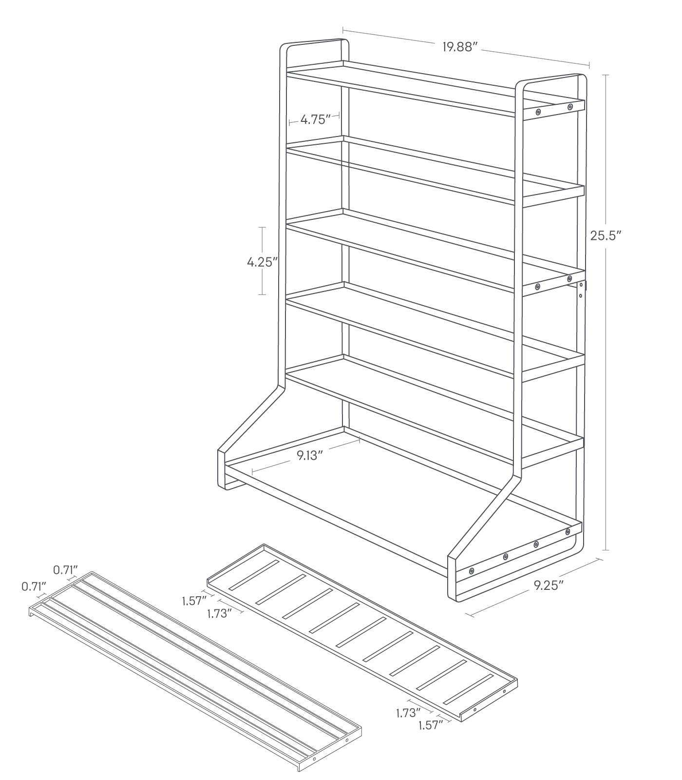 Image dimensionnelle pour le garage de stationnement pour enfants sur un fond blanc montrant une largeur totale de 19,88", une longueur de 9,25", une hauteur de 25,5". Entre le cadre latéral montre une longueur de 4,75" et entre chaque étagère montre 4,25". L