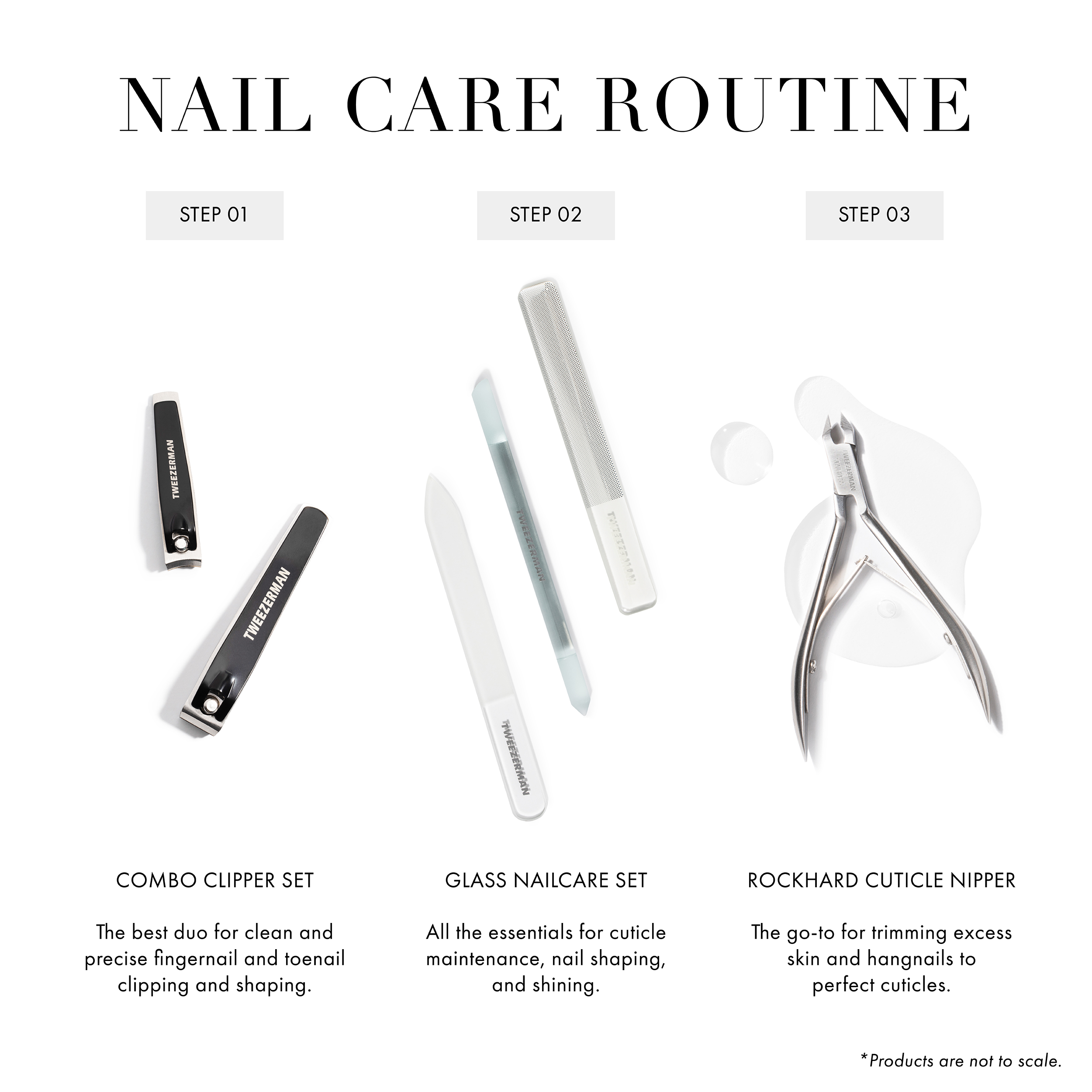 Nail Care Routine Step 1 Combo Clipper Set: The best duo for clean and precise fingernail and toenail clipping and shaping Step 2 Glass Nailcare Set: All the essentials for cuticle maintenance, nail shaping, and shining Step 3 Rockhard Cuticle Nipper: The go-to for trimming excess skin and hangnails to perfect cuticles