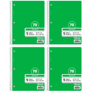 1-Subject Spiral Notebooks, Wide Ruled, 70 Count, Green, 4-Pack