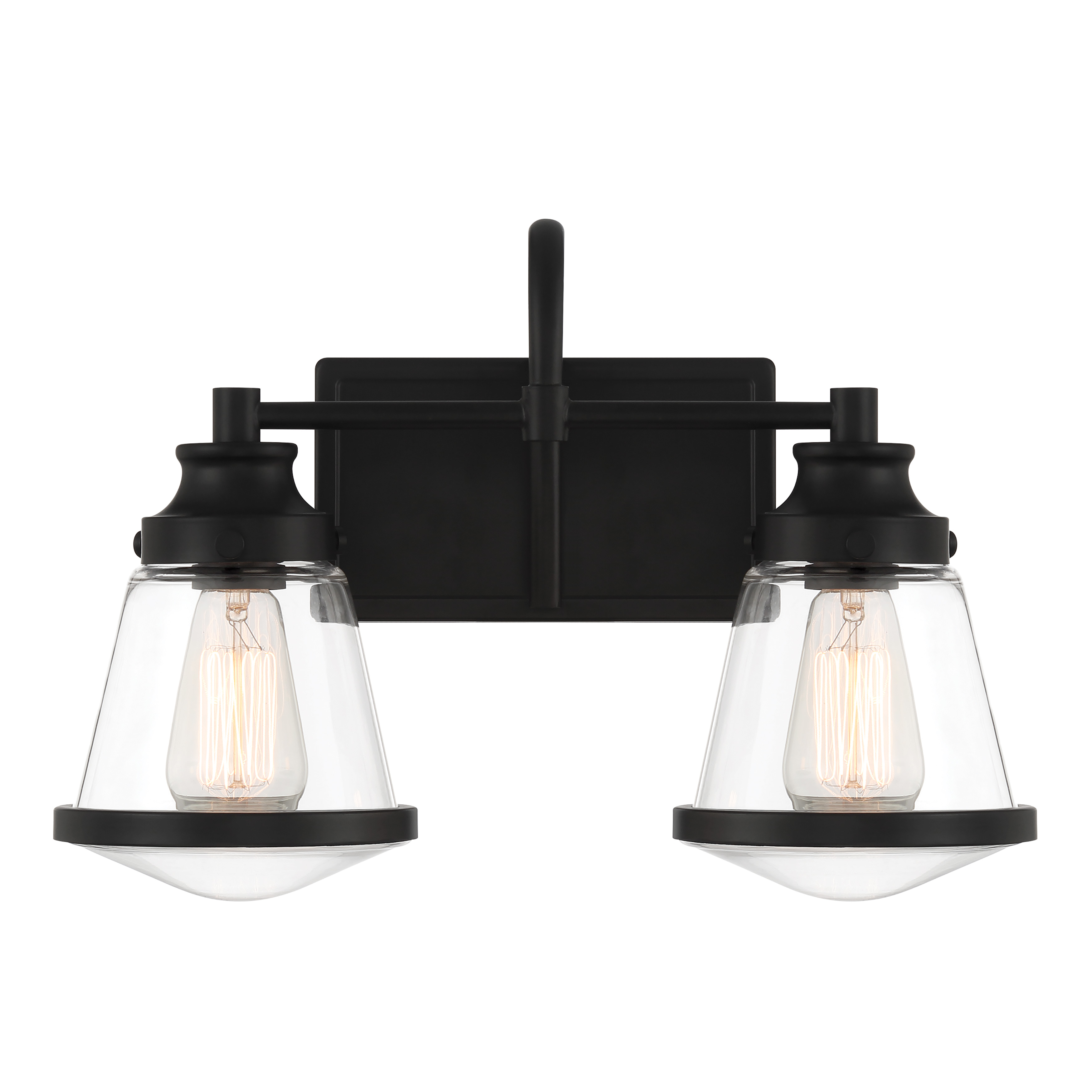 The Mannsdale 2-Light Bath Vanity combines contemporary styling with industrial edge. Its coal black finish and clear glass shades create a striking contrast perfect for modern bathrooms. Compact at 16 inches wide, it's ideal for smaller vanities. - alternate view