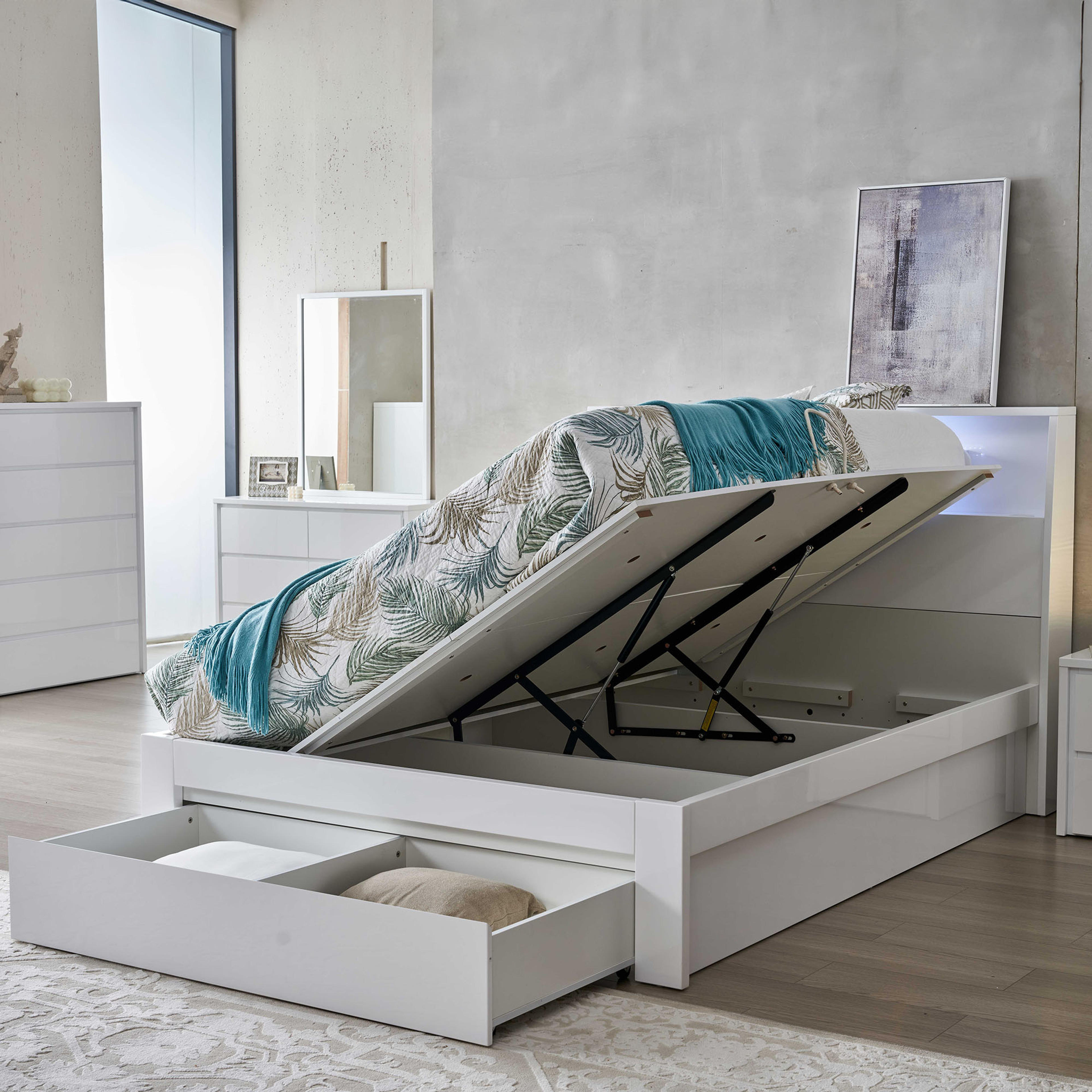 Lifestyle image of the Nova Bed Frame, Side Board Lift & End Drawer Base, Gloss White from Forty Winks