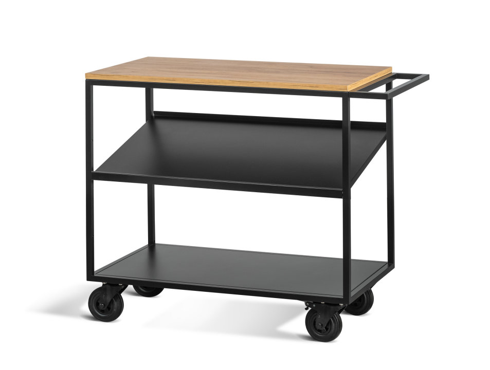 Three-level service trolley with wooden top and inclined shelf