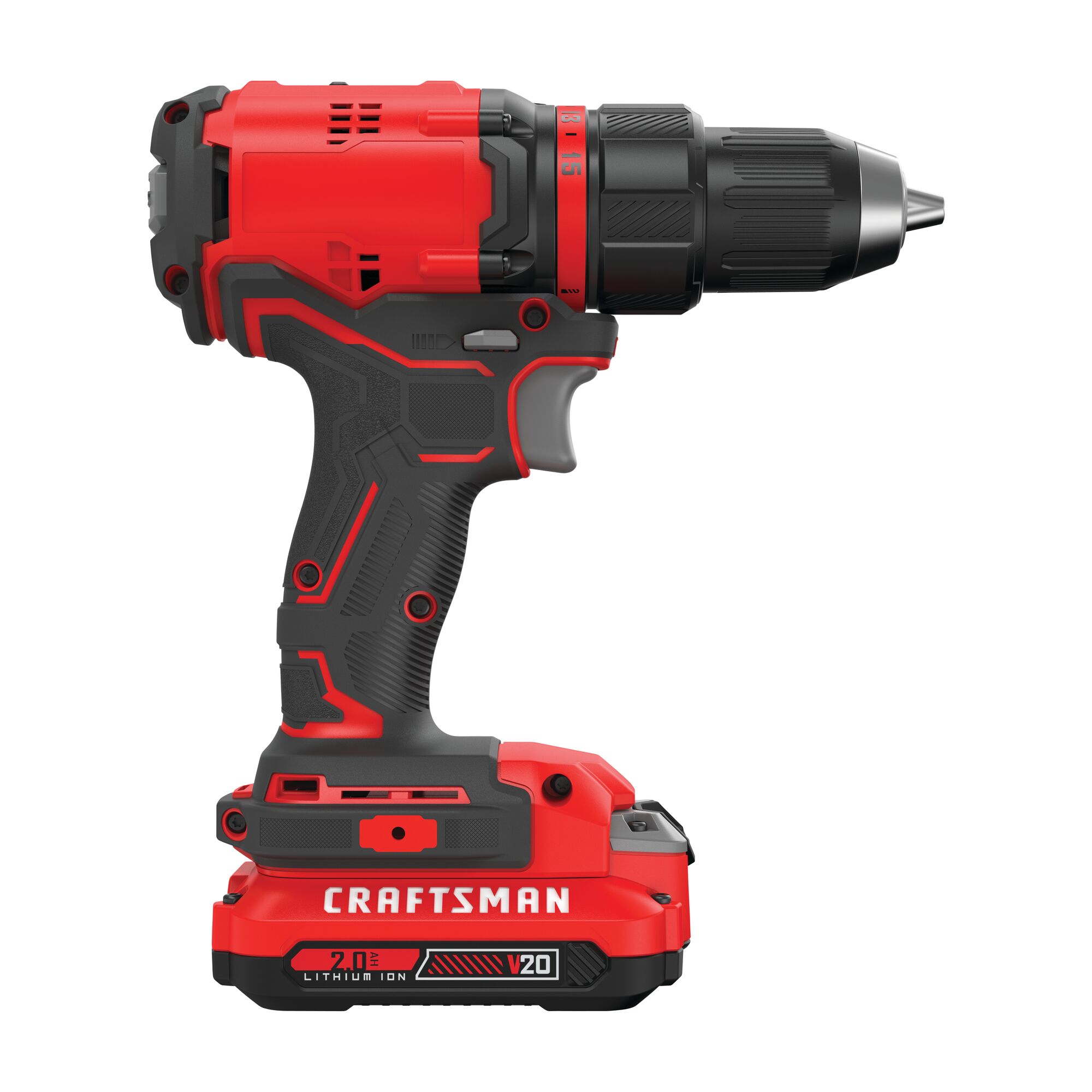 Left profile of cordless brushless half inch drill and driver kit 1 battery.