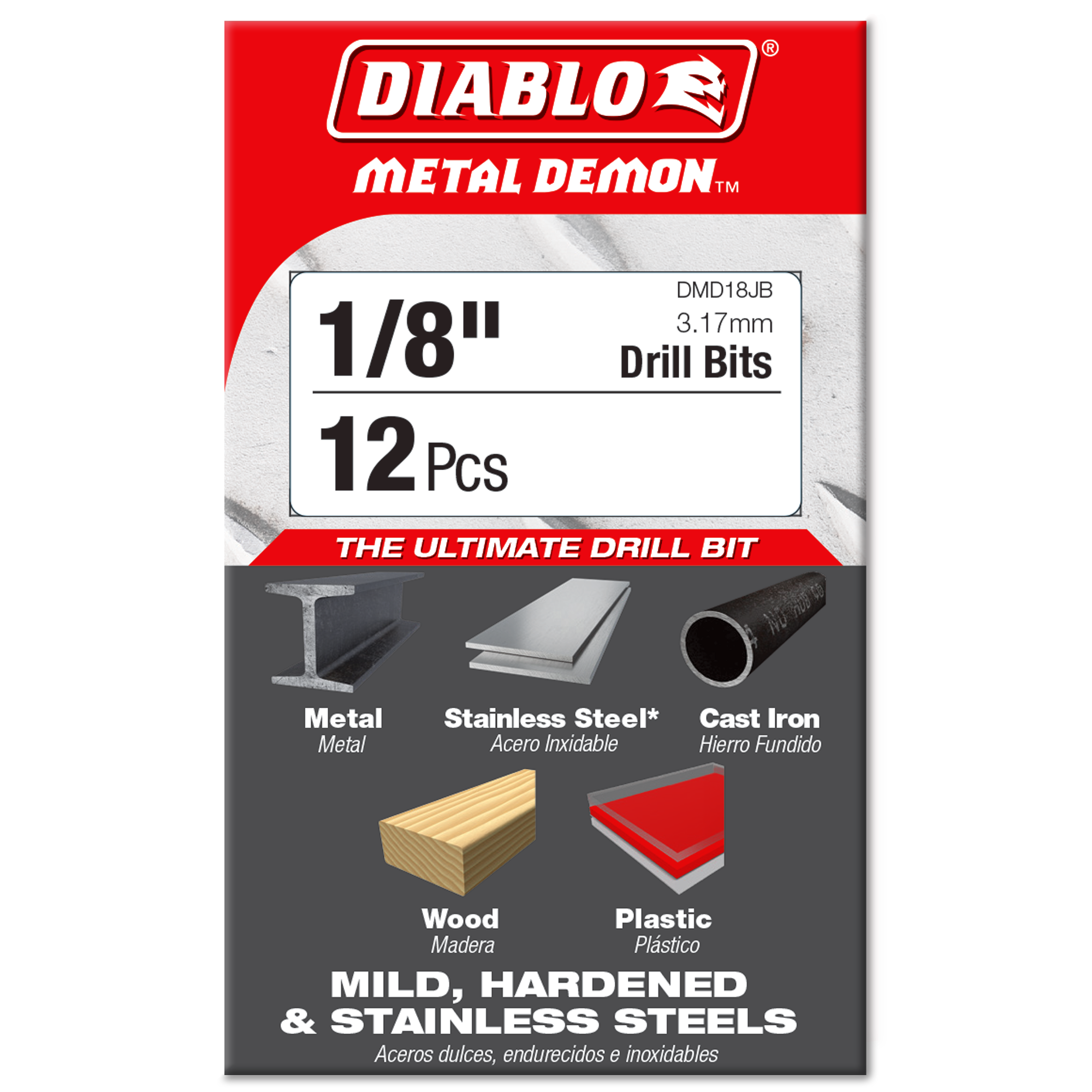 Diablo 1/8 in. Metal Demon Drill Bit for Mild, Hardened and Stainless Steels in its retail packaging, ready for the job box or tool bag