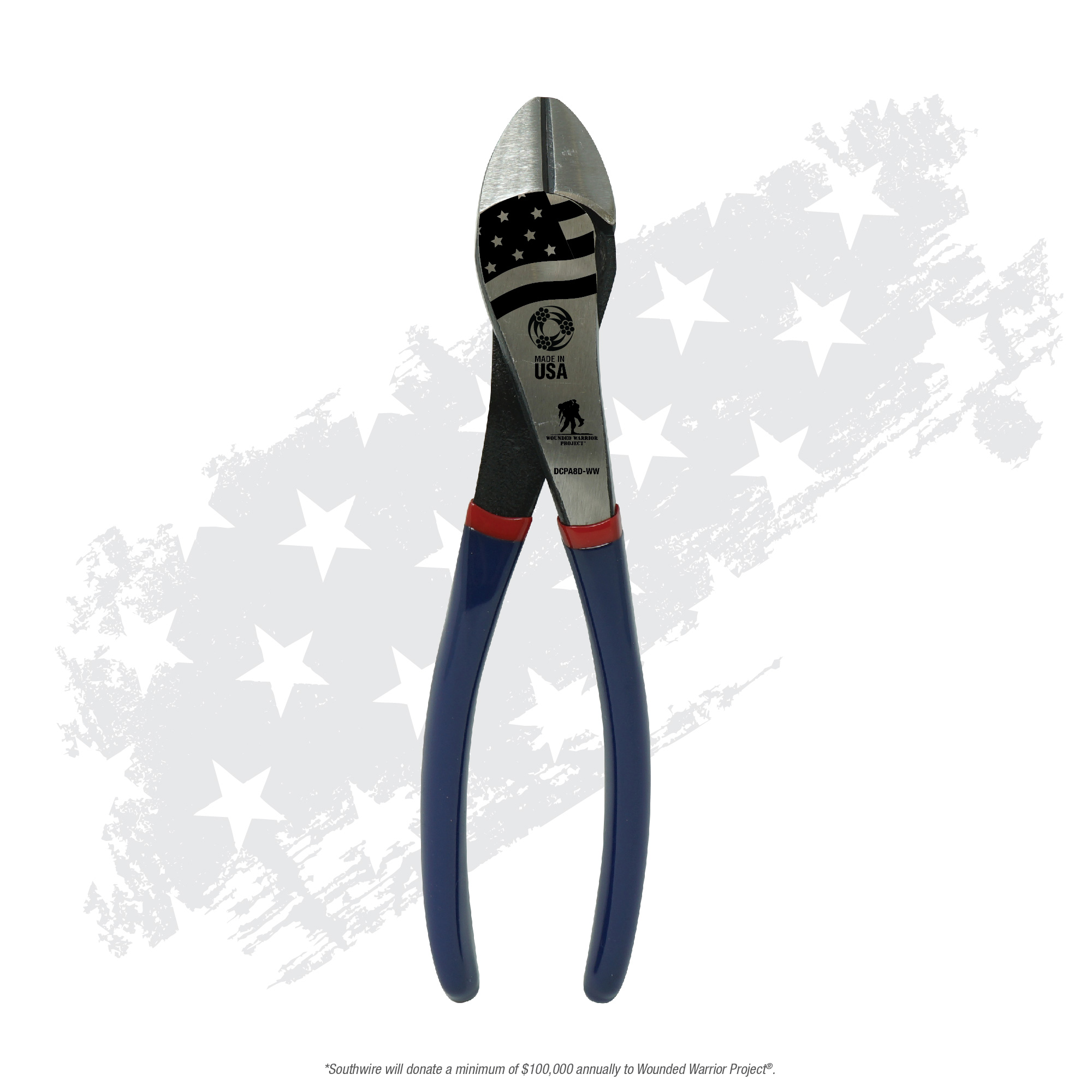 DCPA8D-WW, Southwire 8" Diagonal Cutting Pliers, Angled Head, Dip Grip, Wounded Warrior Project