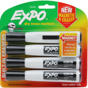 Magnetic Dry Erase Markers with Eraser, Chisel Tip, Black, 4-Count