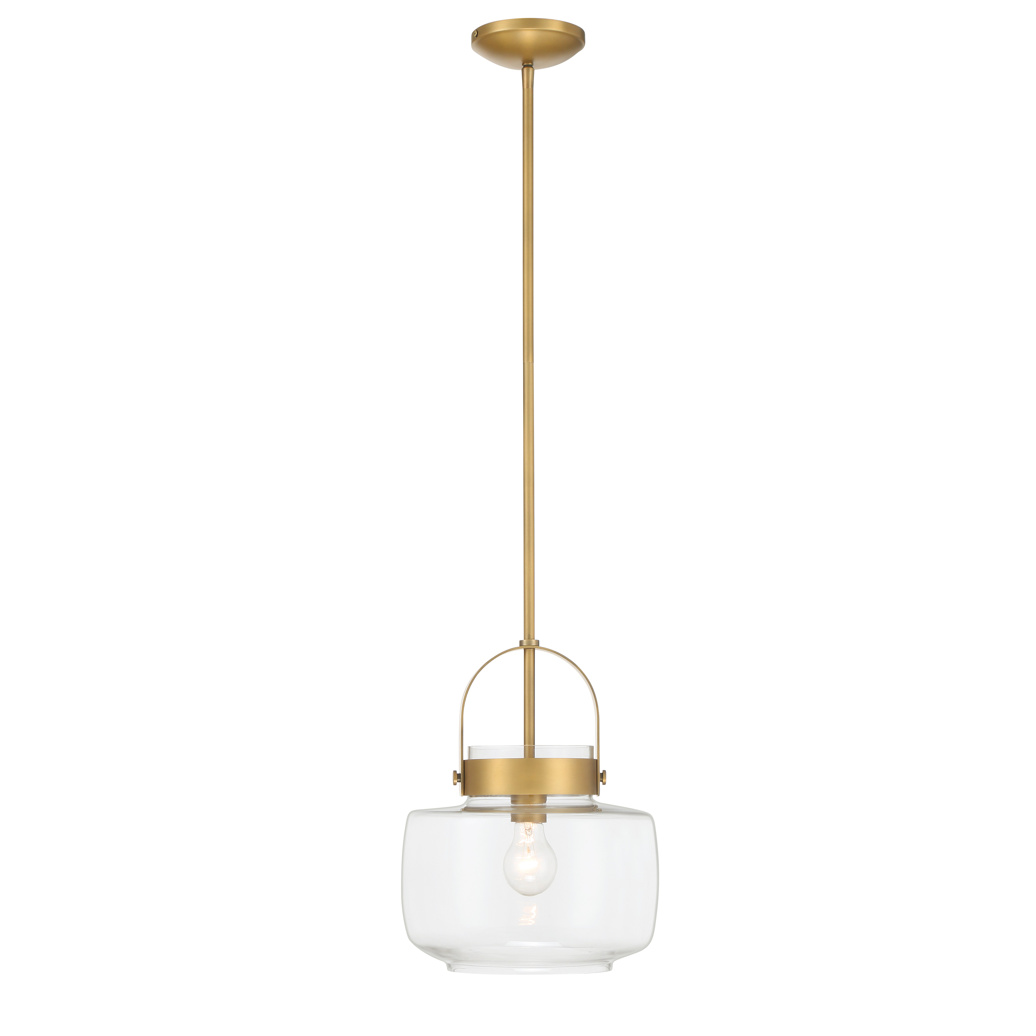 The WickGlow pendant combines warm Legacy Brass finish with clear glass for versatile transitional style. At 11 inches wide, it's perfectly sized for kitchen islands, breakfast nooks, or entryways. - alternate view
