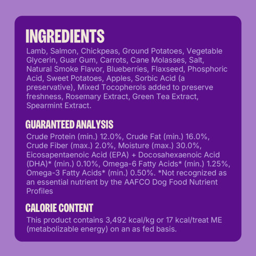 <p>Lamb, Ground Potatoes, Salmon, Vegetable Glycerin, Guar Gum, Carrots, Cane Molasses, Sunflower Lecithin, Salt, Natural Smoke Flavor, Blueberries, Flaxseed, Phosphoric Acid, Sweet Potatoes, Apples, Sorbic Acid (a preservative), Mixed Tocopherols (added to preserve freshness), Rosemary Extract, Green Tea Extract, Spearmint Extract.</p>

