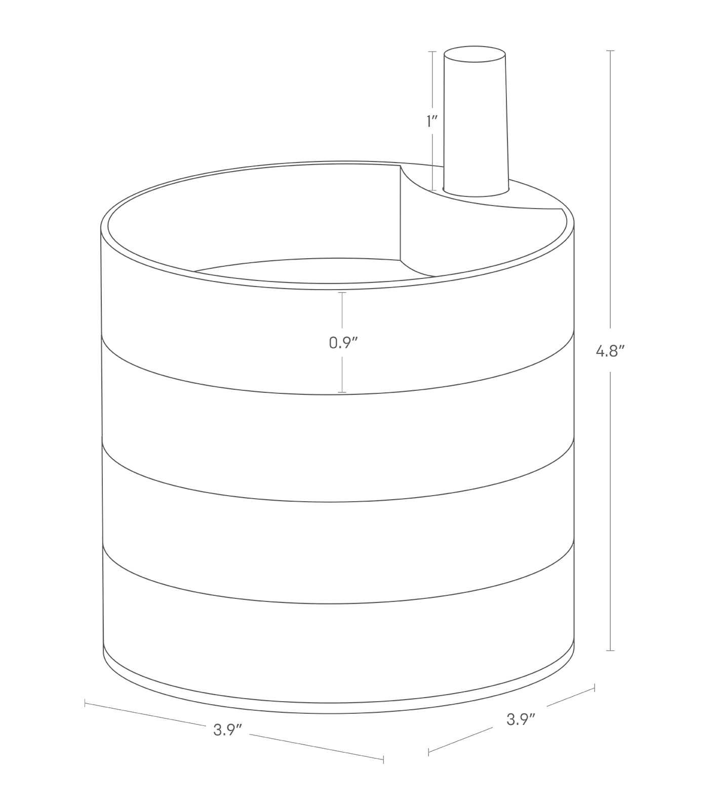 Dimension image for Stacked Jewelry Organizer showing total height of 4.8 inches, length of 3.9 inches, width of 3.9 inches and 0.9 inches for the top tray, and1 inch for the wood bar
