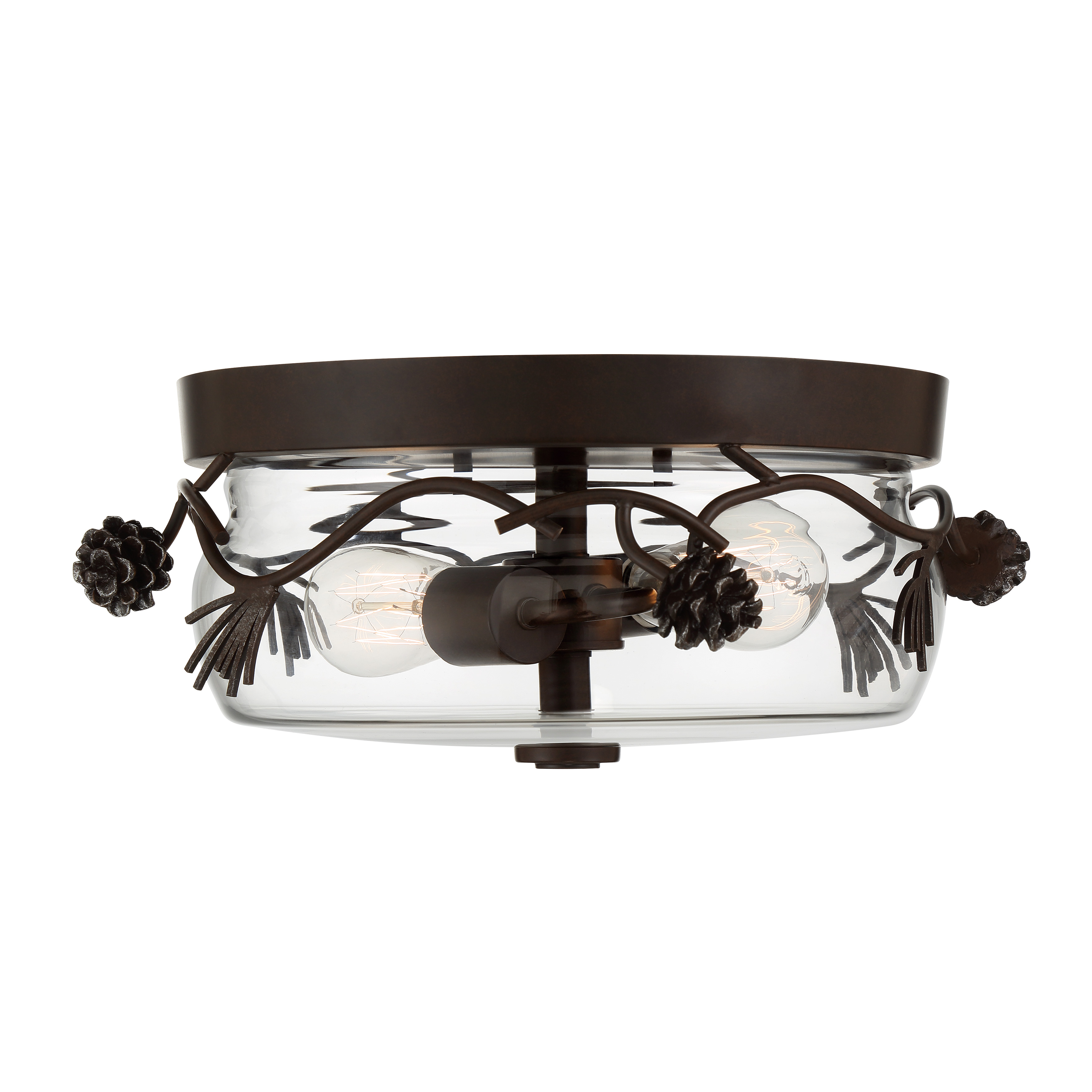 The Ponderosa Ridge flush mount brings weathered rustic elegance to compact spaces with its distinctive spruce finish and silver highlights. Perfect for low-ceiling areas needing character without sacrificing headroom. - alternate view