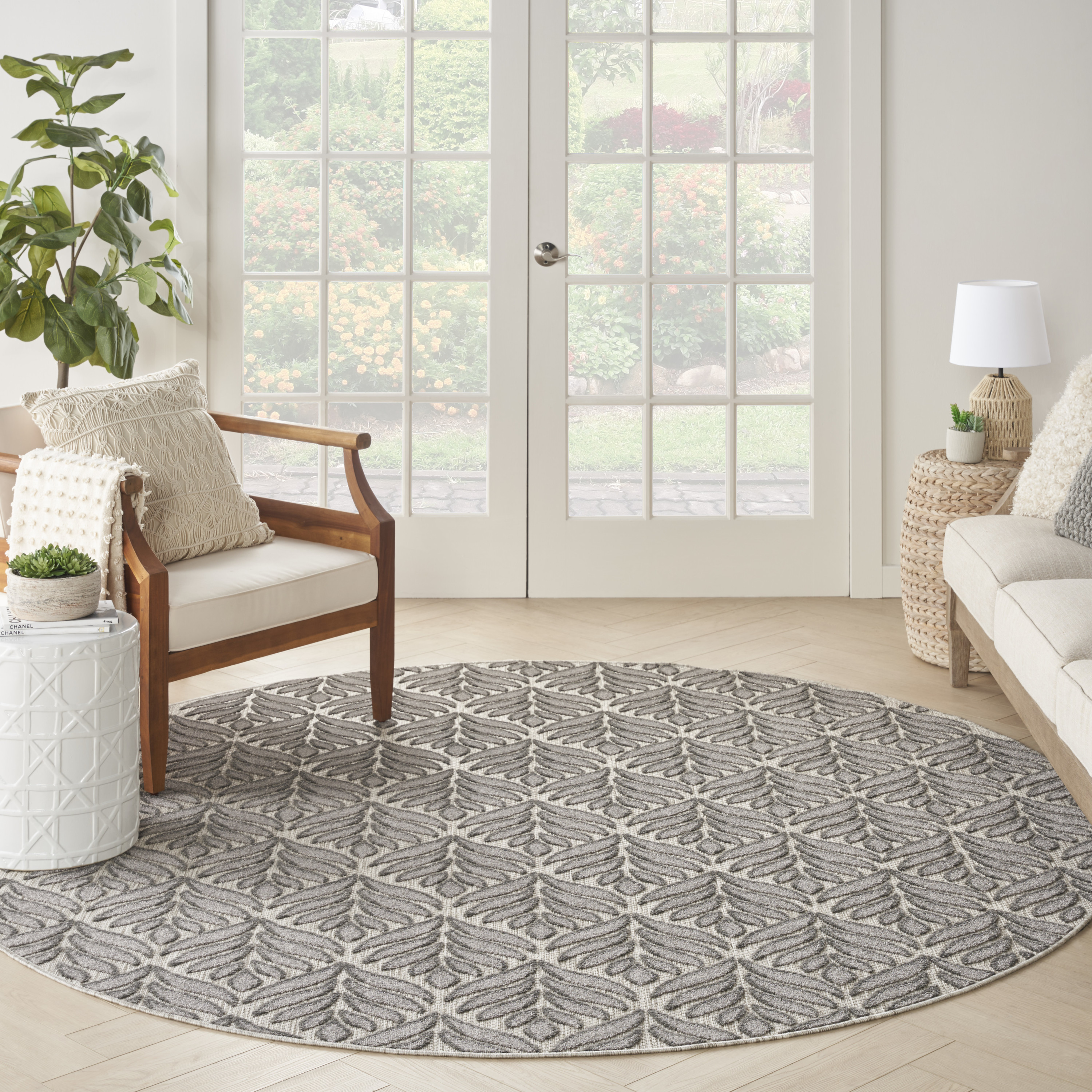 Nourison Aloha 7'10" x Round Charcoal Tropical Rug