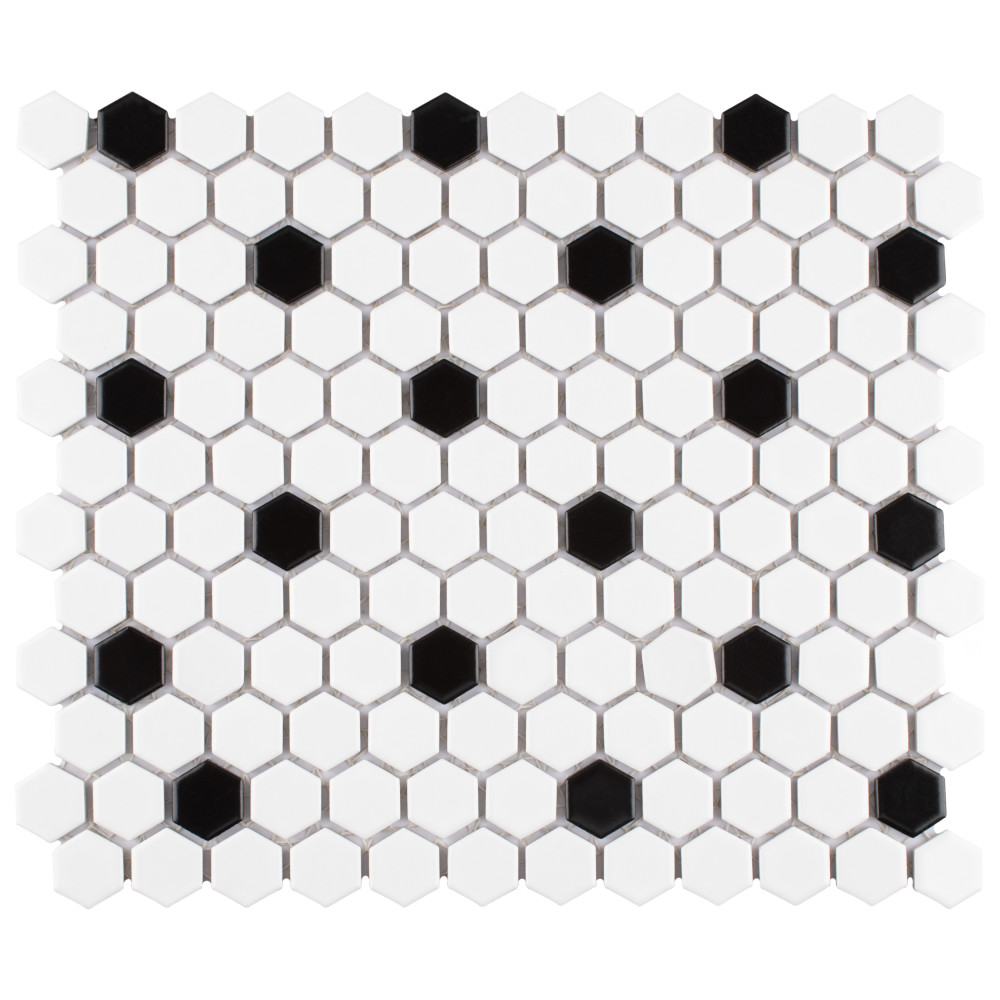 Madison 1″ Hex Matte Cool White w/ Black Dot 10-1/4 in. x 11-7/8 in. Porcelain Mosaic Tile