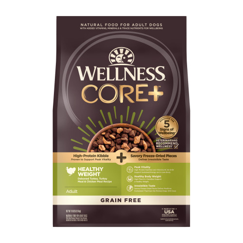 Wellness CORE+ Grain Free Healthy Weight Deboned Turkey & Chicken with Freeze Dried Turkey Recipe Front packaging