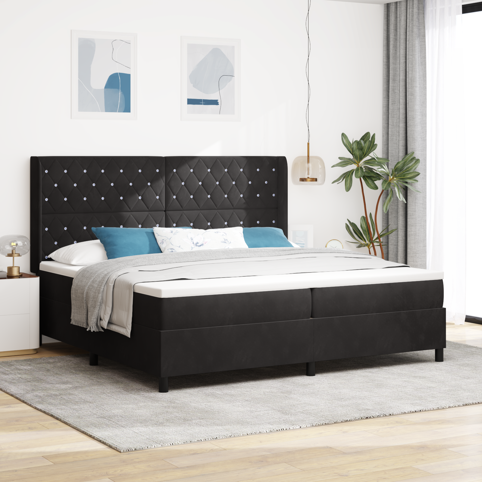 Kasti Vedruvoodi Madratsiga & LED Must 200x200 cm Samet