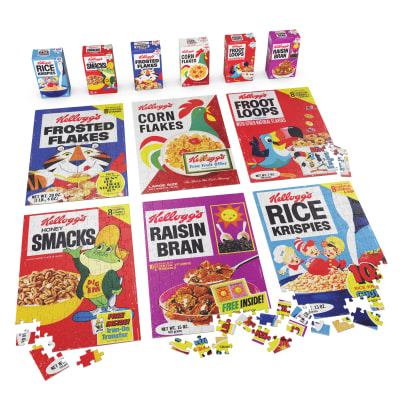 Spin Master Games, Kellogg's Cereal 100-Piece Puzzles 6-Pack, Square Cereal Boxes Puzzle Gift Set, Froot Loops, Rice Krispies, Raisin Bran, Corn Flakes, Frosted Flakes, Honey Smacks for Ages 4 & Up