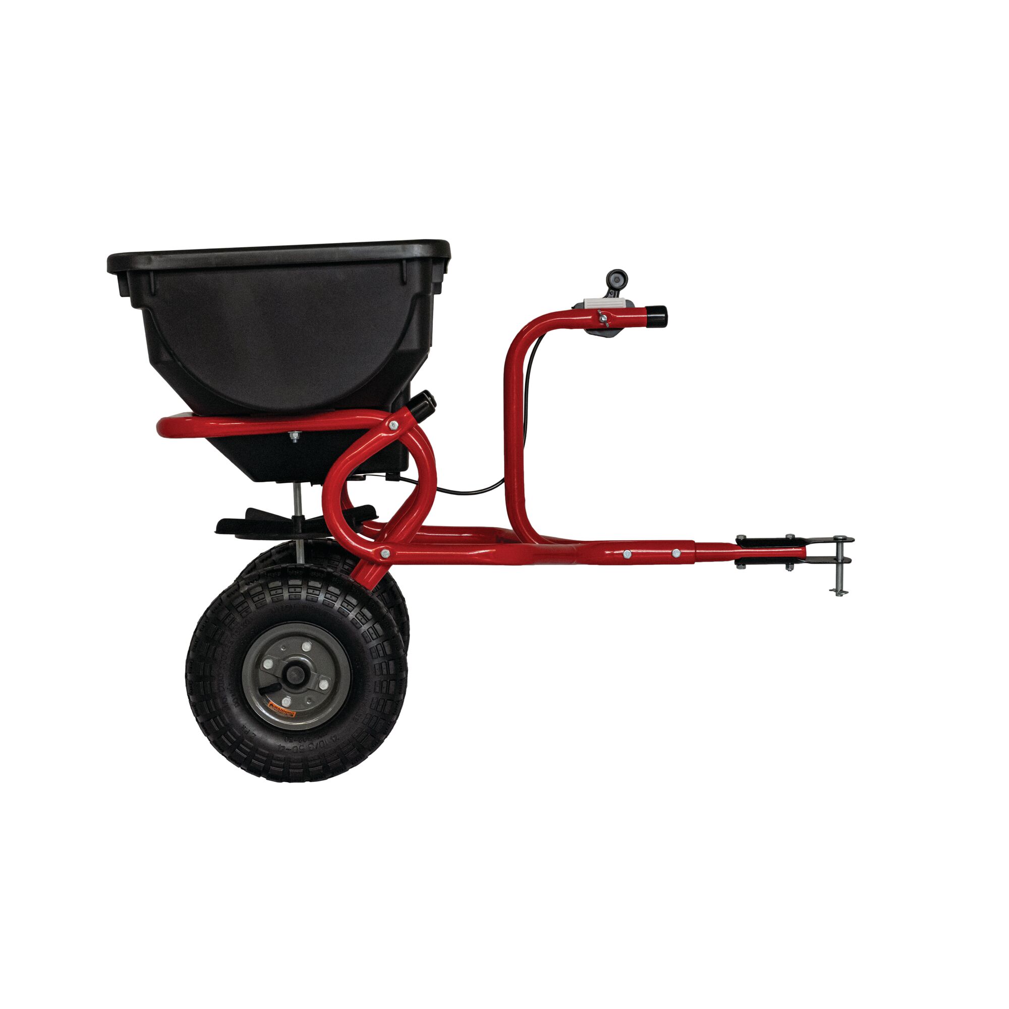 Right profile of 85 pounds tow broadcast spreader.