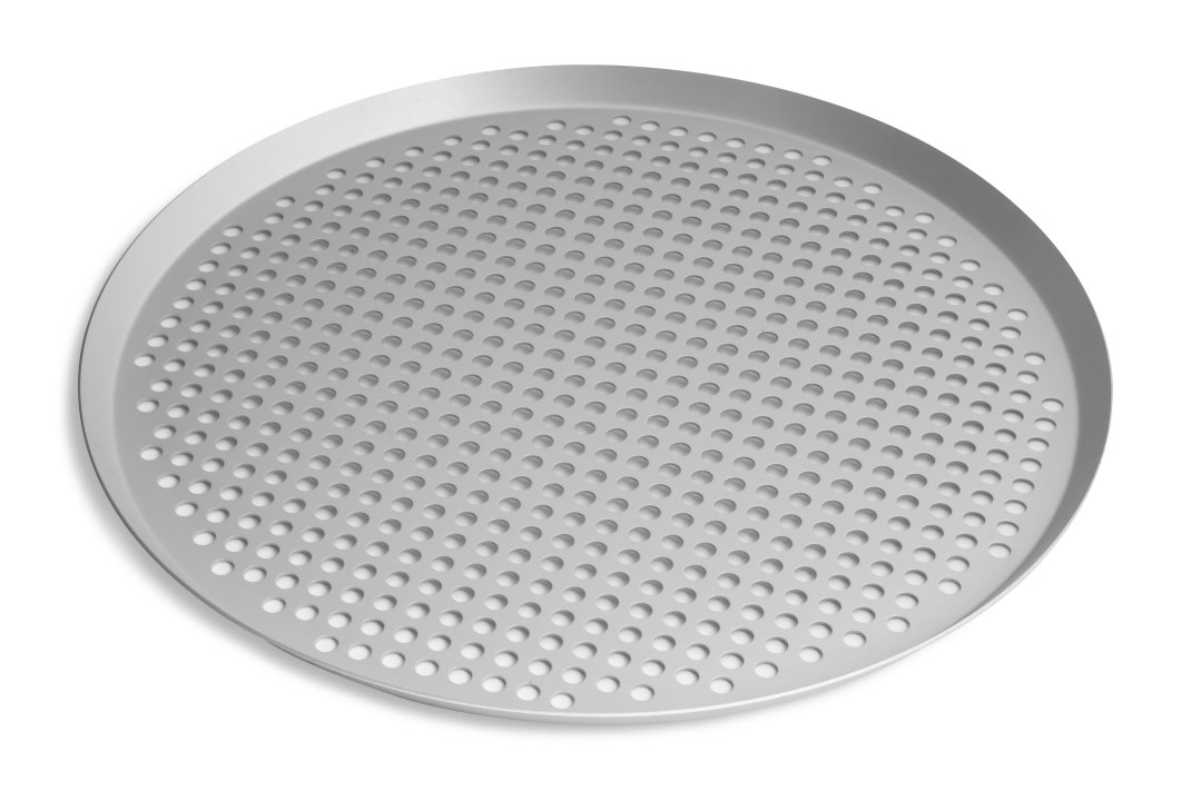 15-inch extra-perforated press-cut pizza pan with Clear Coat anodized finish