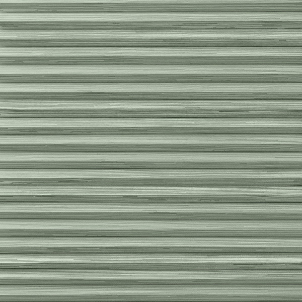 Horizontal metal roller shutter with narrow ribbed slats, fully closed across the opening; evenly lit muted green-gray surface, resembling a garage or storefront exterior with no visible interior or view.