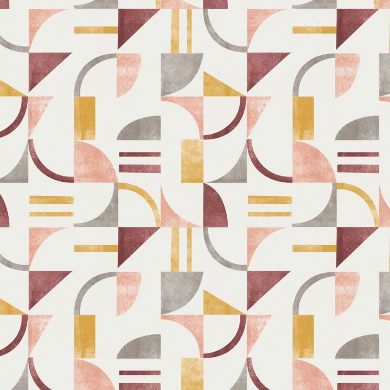 Geometric wallpaper featuring repeating semiâ€‘circles, triangles, rectangles and arcs in dusty rose, mustard and gray â€” tiling across a pale cream surface as a flat, decorative pattern.