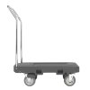 Flatbed utility dolly in dark gray with 6” pneumatic wheels, straps and chrome-plated handle